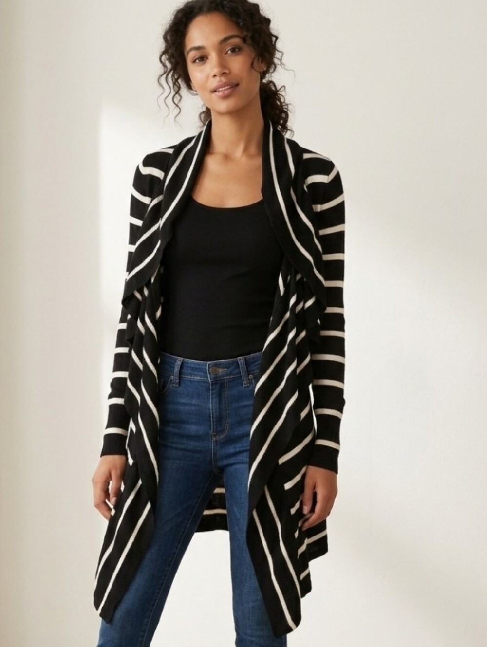 WHBM Black & White Striped Open-Front Women's Cardigan Sweater Size Small Silk B